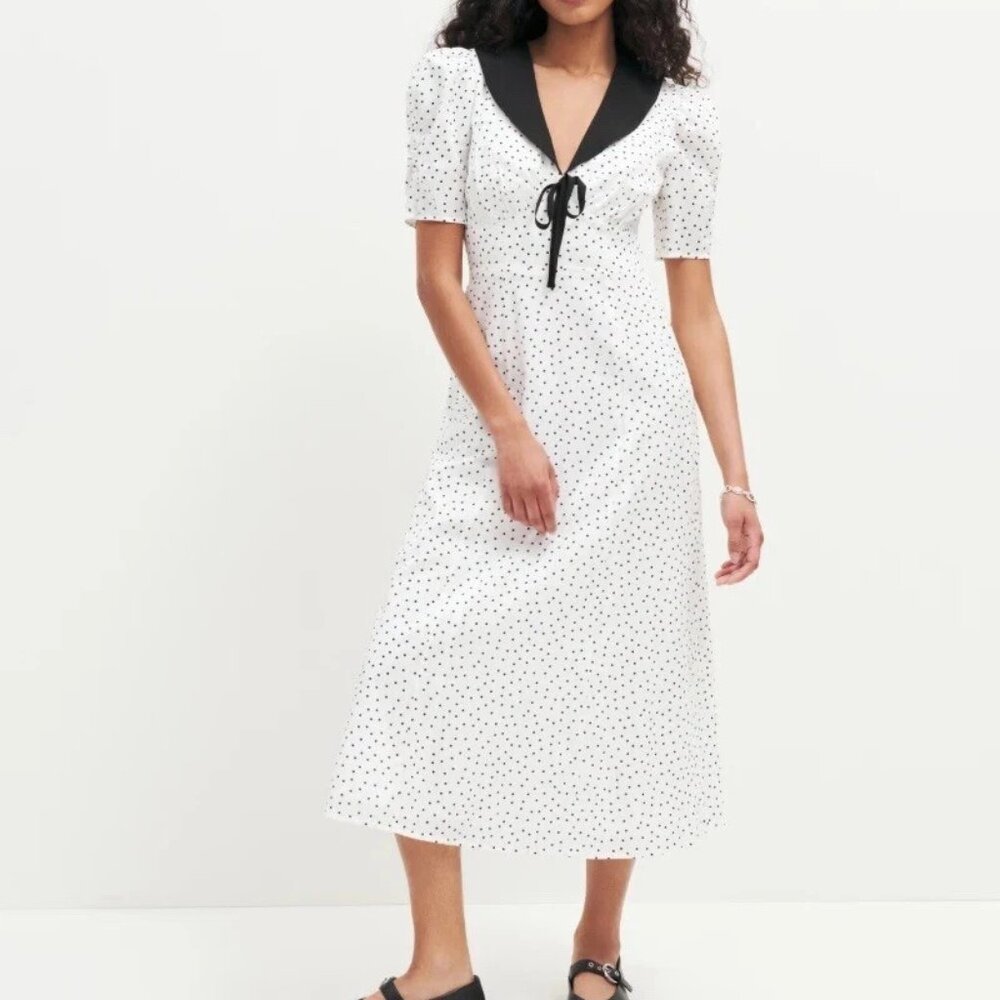 Reformation Edna White Black Polka Dot Midi Dress Size 10